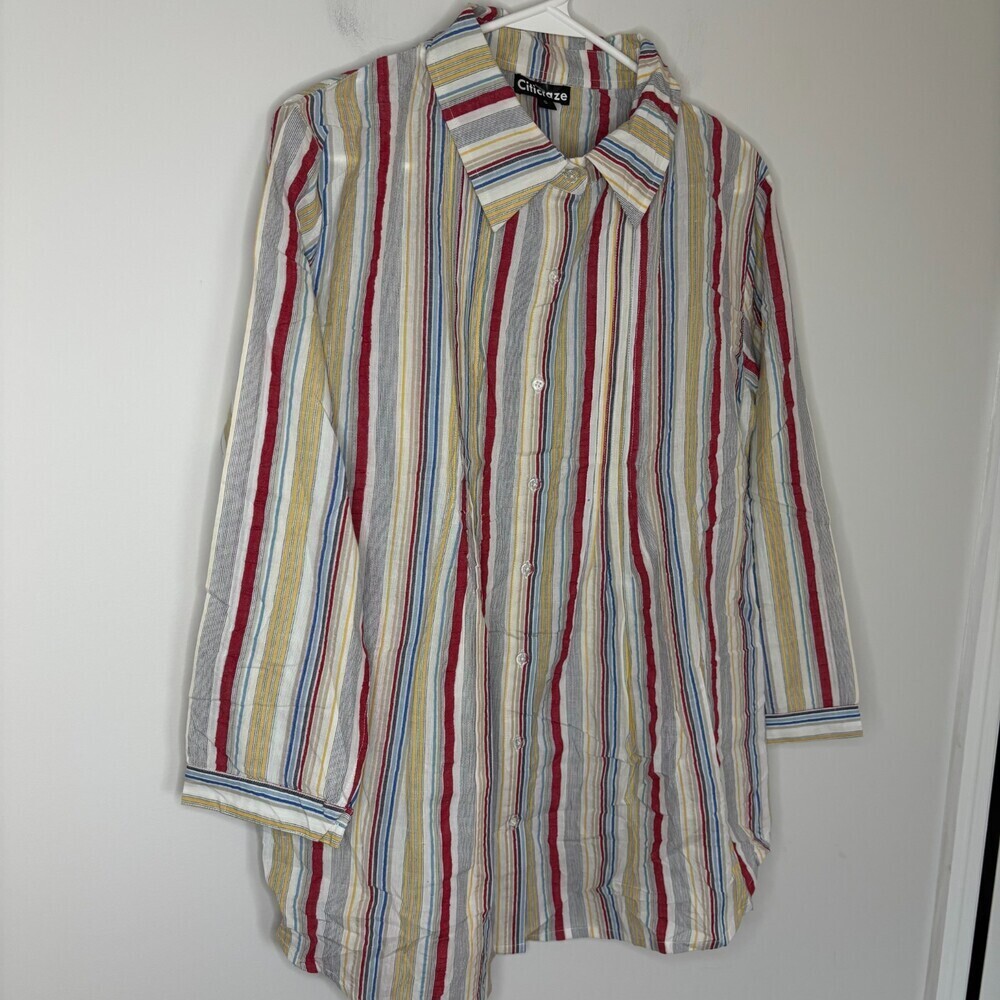 CITICRAZE NEW Striped 3/4 Sleeve Blouse Womens S Red Blue Yellow Pleats Flowy